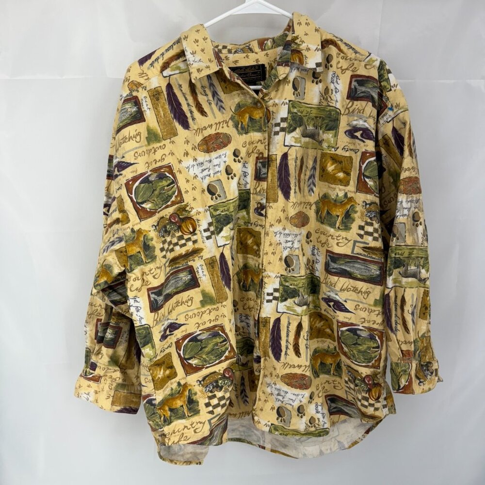 Eddie Bauer Women XL Flannel Shirt Button Outdoor Fish Bear Printed Sport Soft